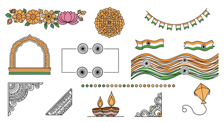 Indian Independence Day design elements, including floral decorations, architectural motifs, and flags.