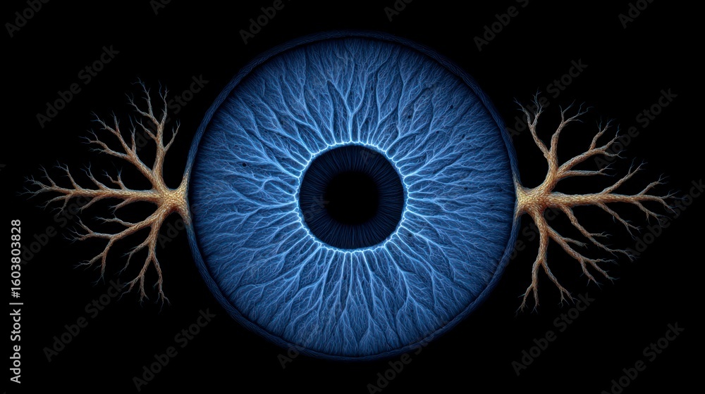 Poster close up detailed view of a glowing blue iris with branching tree like structures on a black backgro
