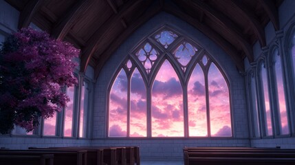 Naklejka premium Interior view of a church with ornate windows framing a purple twilight sky and a blossoming tree