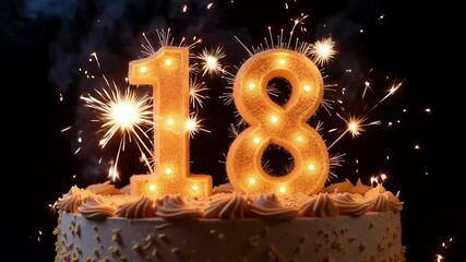Eighteenth birthday cake with sparkling candles for a milestone celebration, a sweet turning point