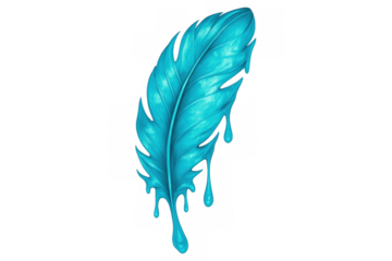 Light blue feather melting with dripping bright turquoise paint on transparent background, ideal for creative projects related to writing, lightness, and imagination