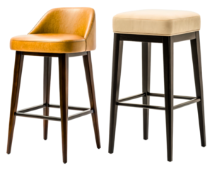 Two modern bar stools with wooden legs and upholstered seats on a transparent background