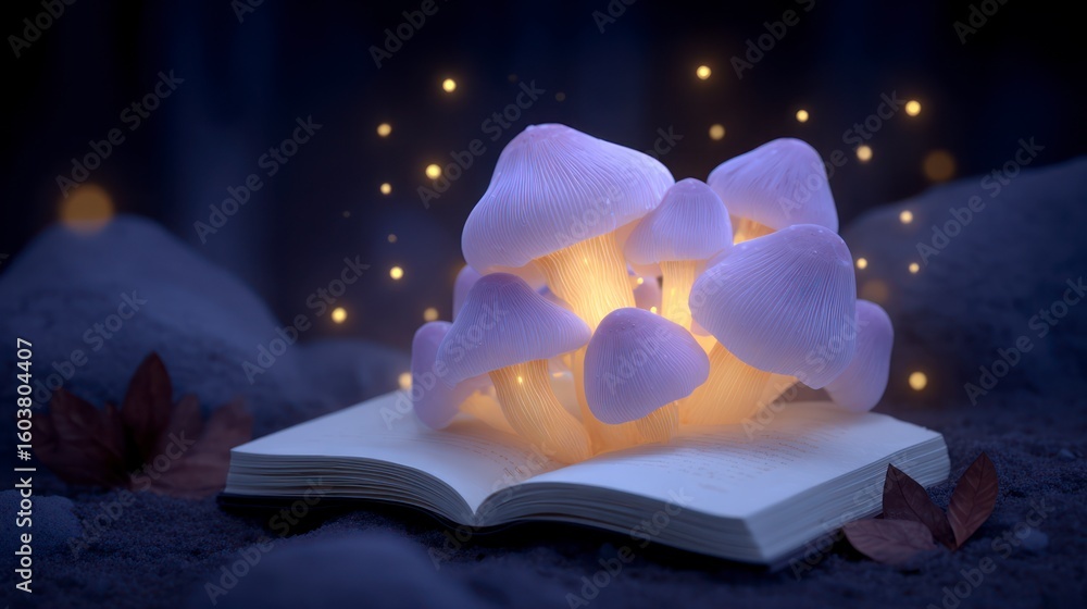 Aufkleber bioluminescent mushrooms illuminate an open book in a mystical forest setting with glowing orbs