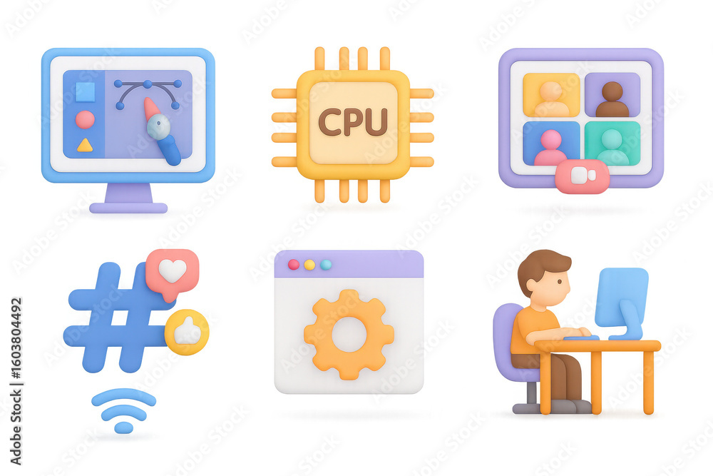 Poster 3d icons of computer technology and social media interaction