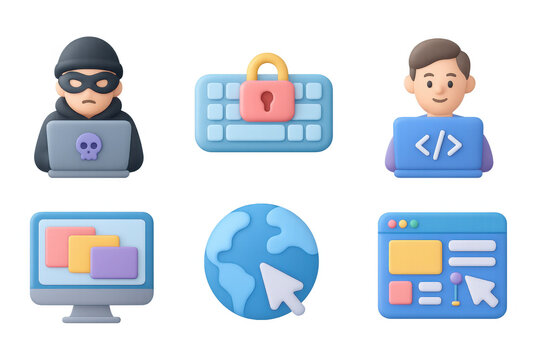 3d cyber security icons: hacker, programmer, and online safety elements