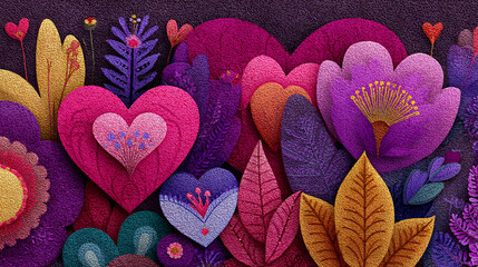 abstract illustration featuring layered hearts and floral designs with a festive romantic color scheme