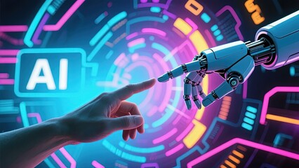 Human hand touching robotic arm with 'AI' label, set against a vibrant, futuristic digital background