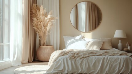 A stylish round mirror on a pedestal stand reflects soft light in a serene bedroom featuring beige tones, plants, and cozy bedding for a calming atmosphere.