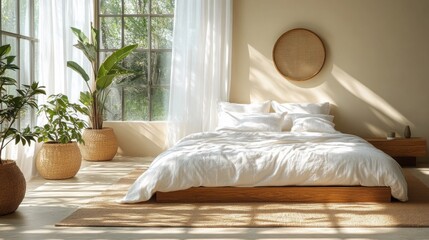 Round mirror on pedestal stand enhances tranquil bedroom with beige decor and lush greenery
