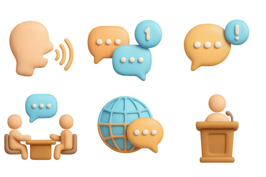 3d speech bubbles and communication icons with global and conference themes
