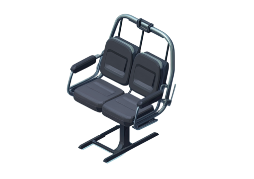 Isometric view of a dark gray double seat with metal frame.  The seat has padded cushions, armrests and a supporting metal base