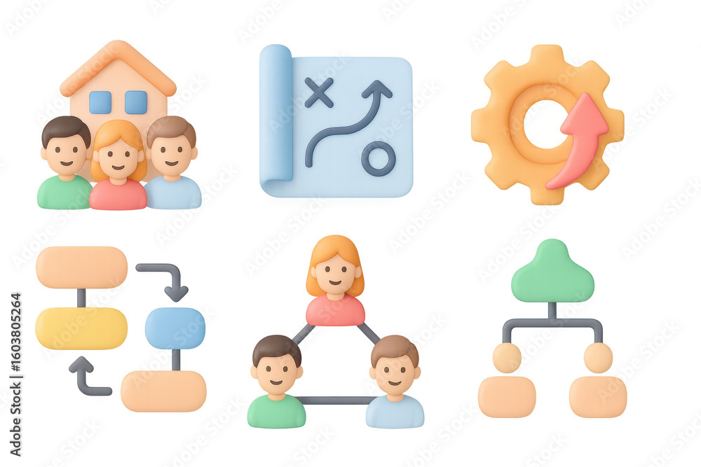 Poster 3d business and teamwork icons set for project planning and workflow