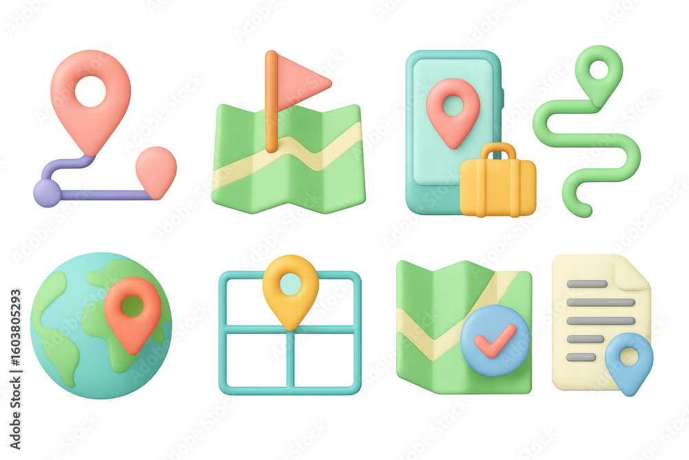 Poster colorful 3d map and navigation icons with travel elements