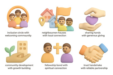 3d cartoon style icons for community, neighborhood, and connection concepts