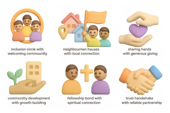 3d cartoon style icons for community, neighborhood, and connection concepts