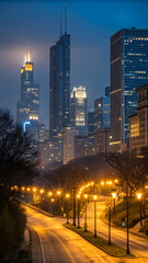 🌃 Title Foggy Cityscape at Night with Illuminated Skyline and Atmospheric Road