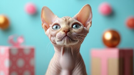 A cute bald sphynx kitten sits among vibrant birthday gifts, its big eyes capturing attention in a warm, inviting atmosphere filled with soft light.