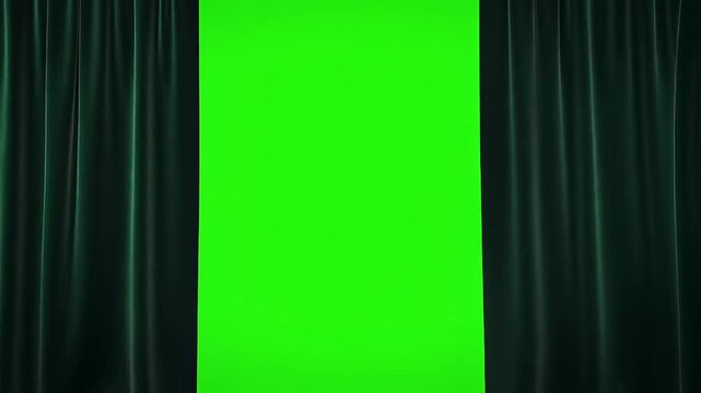theatre emerald velvet curtains opening and closing with a green screen stage