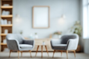 Blurred image of a minimalist living room with two armchairs, a coffee table, and a bookshelf