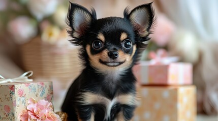 Cute chihuahua puppy sitting by birthday gifts with a lovely light background and festive atmosphere