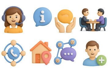Colorful 3d icons for communication and support in modern digital interaction