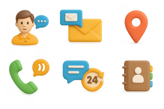 3d communication set: chat, call, map, contact icons for digital interface