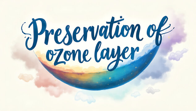 A hand-painted style with "Preservation of ozone layer" wrapped around a crescent moon against a pastel sky, whimsical and inspiring, 4K and HD image.