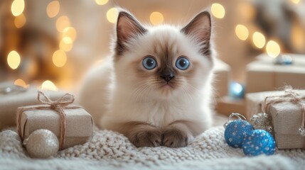 Cute fluffy Siamese kitten surrounded by birthday gifts and decorations in a warm light atmosphere