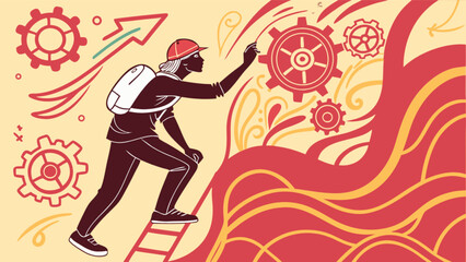 Fototapeta premium Career growth and success illustration showing a person climbing the ladder to reach business goals and innovation