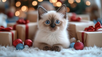 A beautiful fluffy Siamese kitten relaxes near colorful birthday gifts, with a soft light illuminating the playful ambiance of the setting.