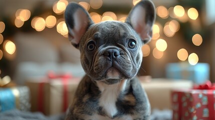 Cute French bulldog puppy surrounded by birthday gifts in a festive setting with a light background