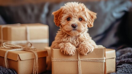 Cute maltipoo puppy surrounded by colorful birthday presents on a soft background