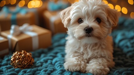 A charming maltipoo puppy lounges near beautifully wrapped birthday gifts, exuding joy and cuteness in a bright and inviting setting.