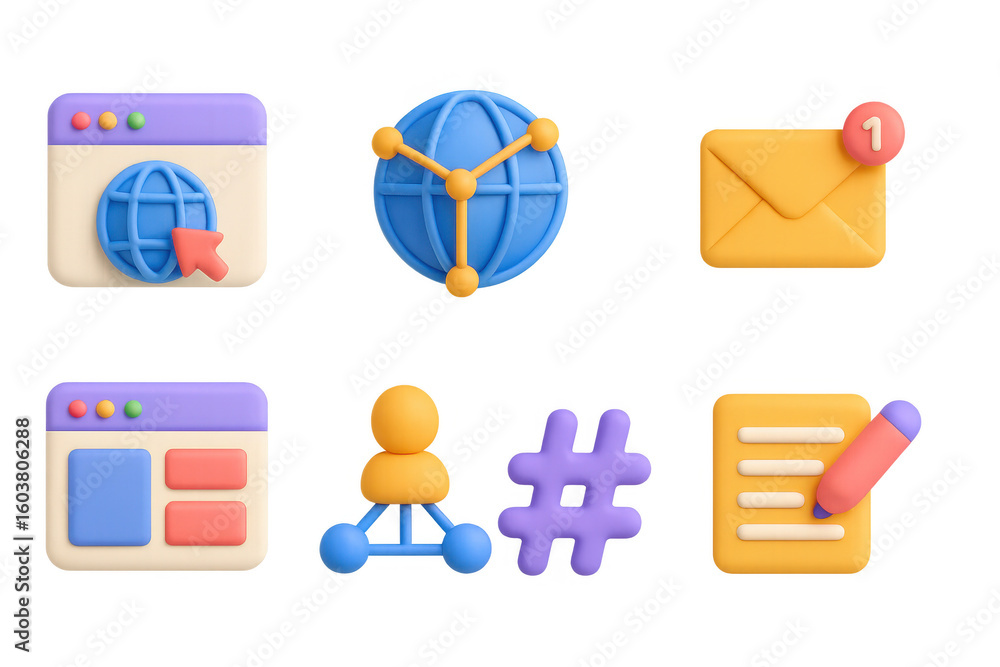 Poster colorful 3d internet and communication icons with website, email, and networking elements