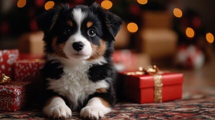 Cute sheepdog puppy surrounded by colorful birthday presents in a cozy setting with soft lighting
