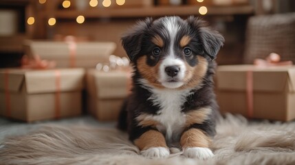 Cute sheepdog puppy relaxes on a fluffy surface, gazing curiously at the bright birthday presents with a warm light backdrop creating a festive mood.