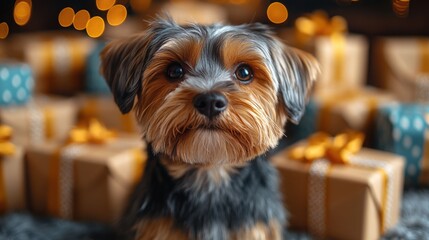 Cute Yorkshire terrier puppy poses near colorful birthday presents with a soft light background in a joyful celebration setting