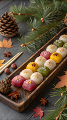 🍡 Title Assorted Mochi Sweets on Rustic Tray with Autumn Decorations
