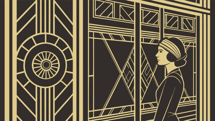 Elegant art deco woman in flapper style with geometric background design for vintage theme 1920s party