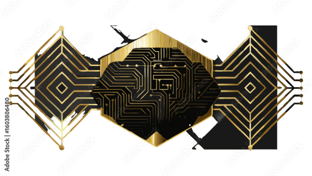 Poster abstract technology circuit board design golden diamond shape tech network system illustration vecto