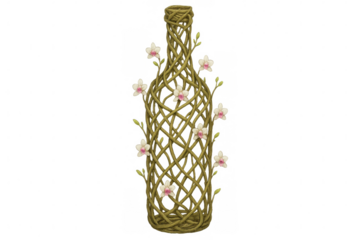 Vine-woven bottle silhouette featuring elegant orchid blooms, translucent setting highlighting intricate botanical craftsmanship