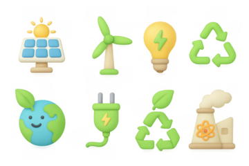 Eco-friendly energy icons set featuring wind, solar, and recycling symbols in 3d cartoon style