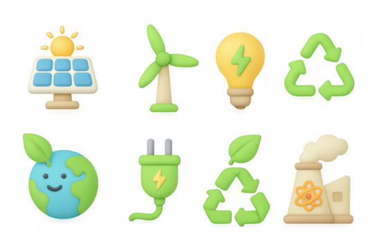 Eco-friendly energy icons set featuring wind, solar, and recycling symbols in 3d cartoon style