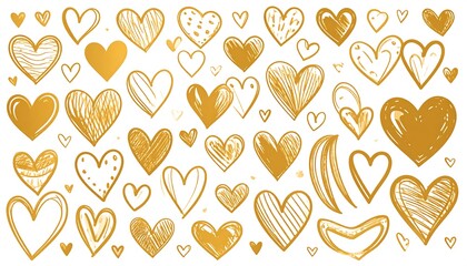 Collection of hand-drawn gold hearts