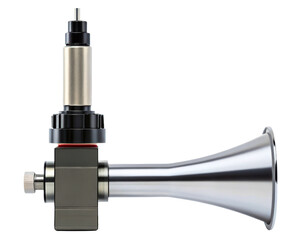 Silver and black air horn with mounting bracket for vehicles on a transparent background
