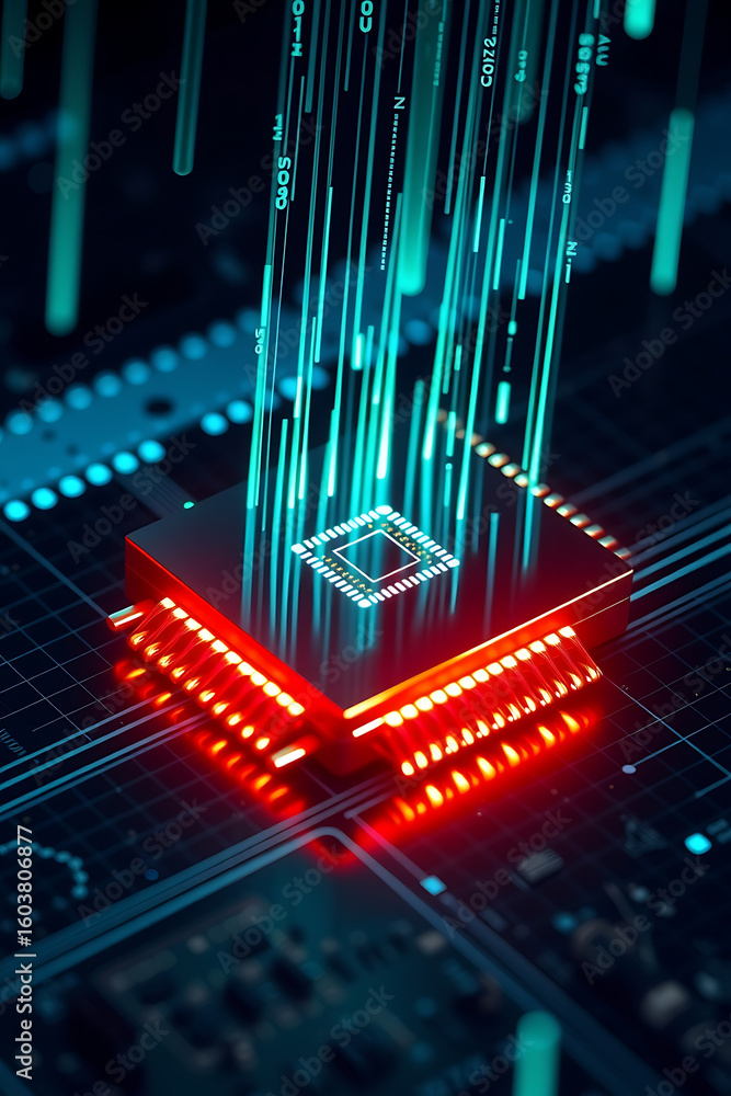Poster a glowing red and blue computer chip with light streaks emanating upwards, set against a circuit boa