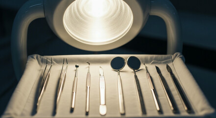 A close up of sterile dental instruments including medical lamp and probes on a metal tray