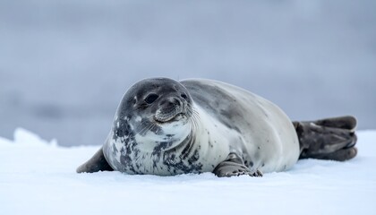 Seal resting on snow with calm, and looking at camera.