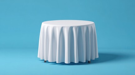 A digitally rendered image shows a simple, round, white tablecloth draped over a table against a light blue background.  The scene is minimalist and clean