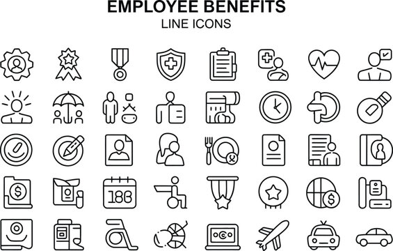 Employee benefits line icons showcasing various advantages and perks offered